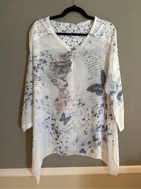 Adore Tunic Chiffon Lace Sheer Butterfly Floral Boho Romantic Asymmetrical Hem